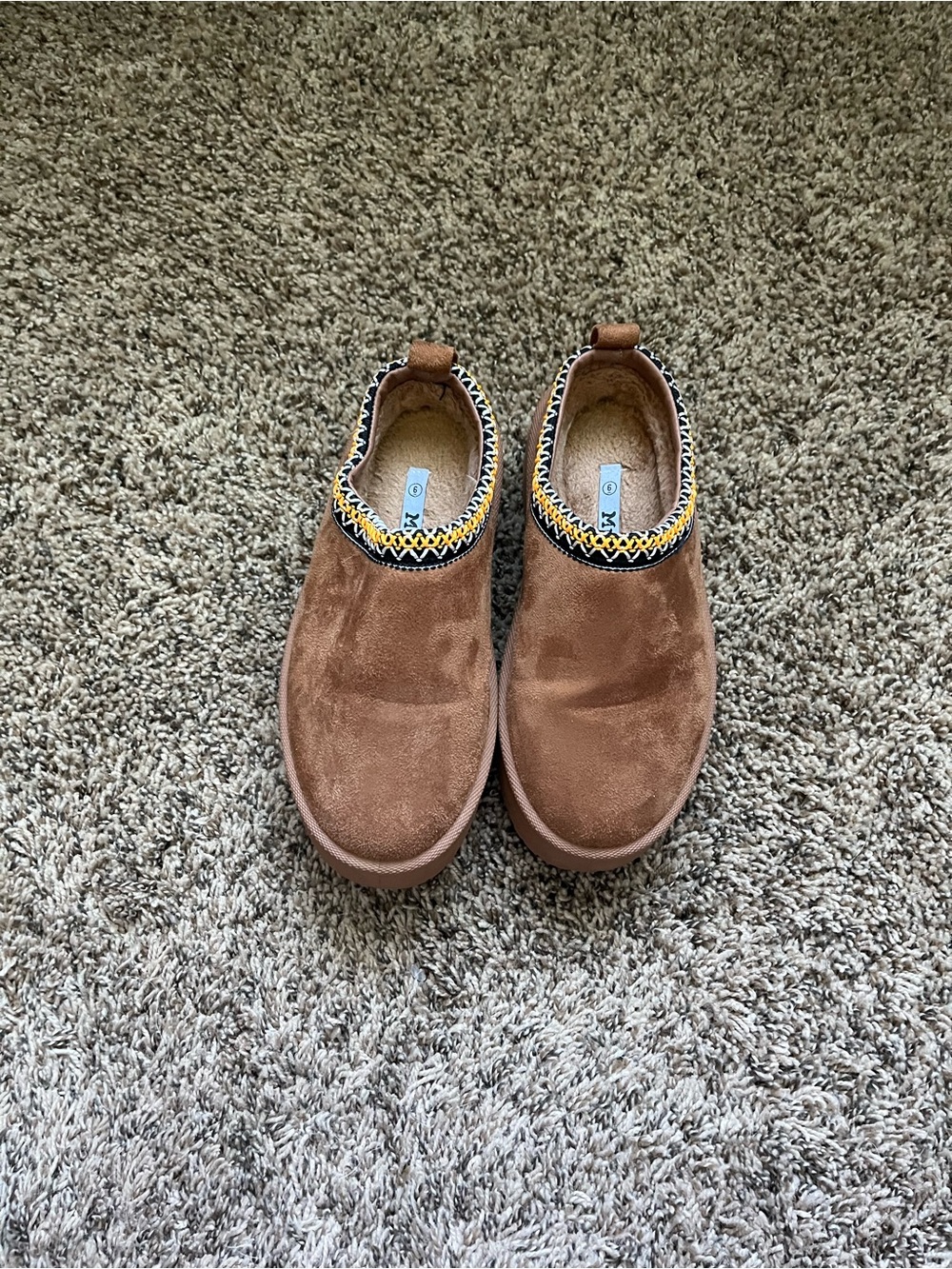 Mudd Women's Brown Slip-On Suede-Look Mules with Patterned Trim